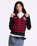STRIPE ZIP KNIT RED & BLACK - red and black striped knit sweater, front view on female model - Cold Culture #woman