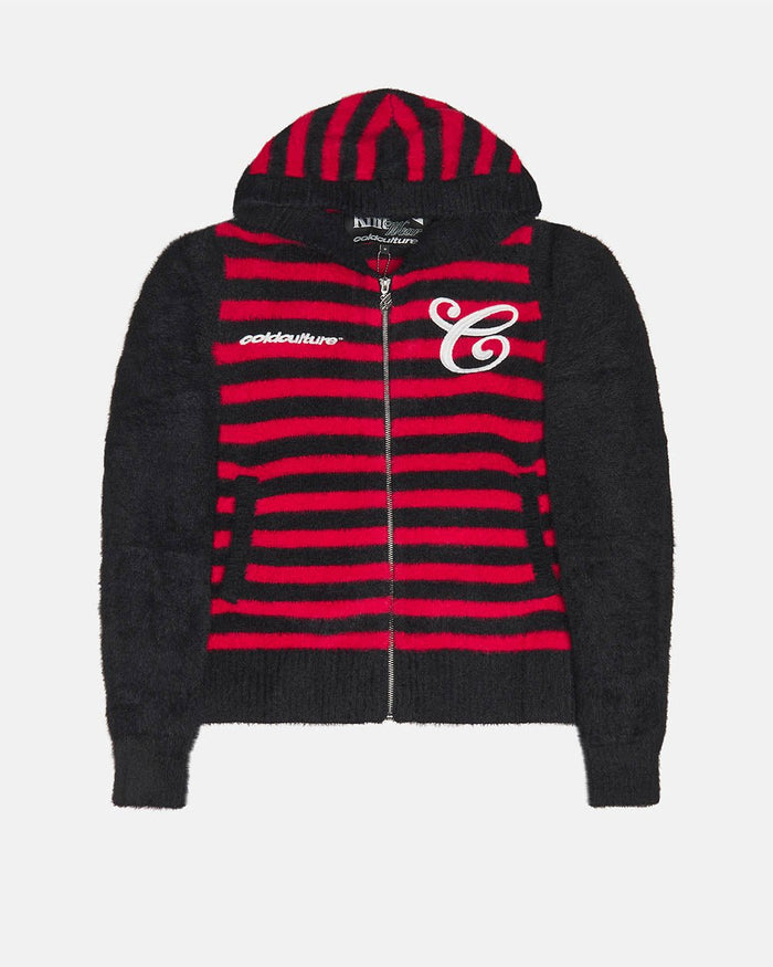 STRIPE ZIP KNIT RED & BLACK - red and black striped knit sweater, front view - Cold Culture