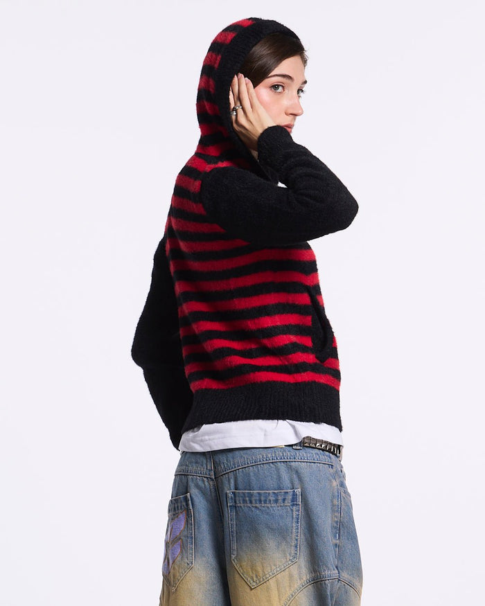 STRIPE ZIP KNIT RED & BLACK - red and black striped knit sweater, side view - Cold Culture #woman