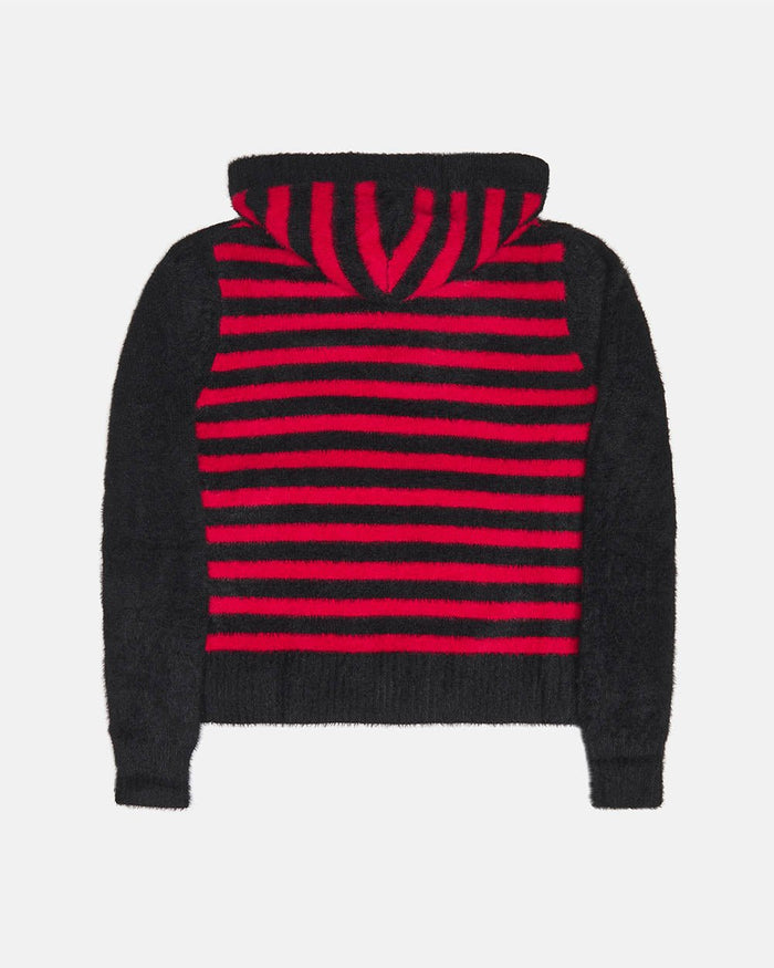 STRIPE ZIP KNIT RED & BLACK - red and black striped knit sweater, back view - Cold Culture