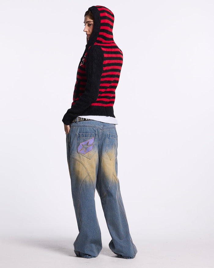 STRIPE ZIP KNIT RED & BLACK - red and black striped knit sweater, side view - Cold Culture #woman