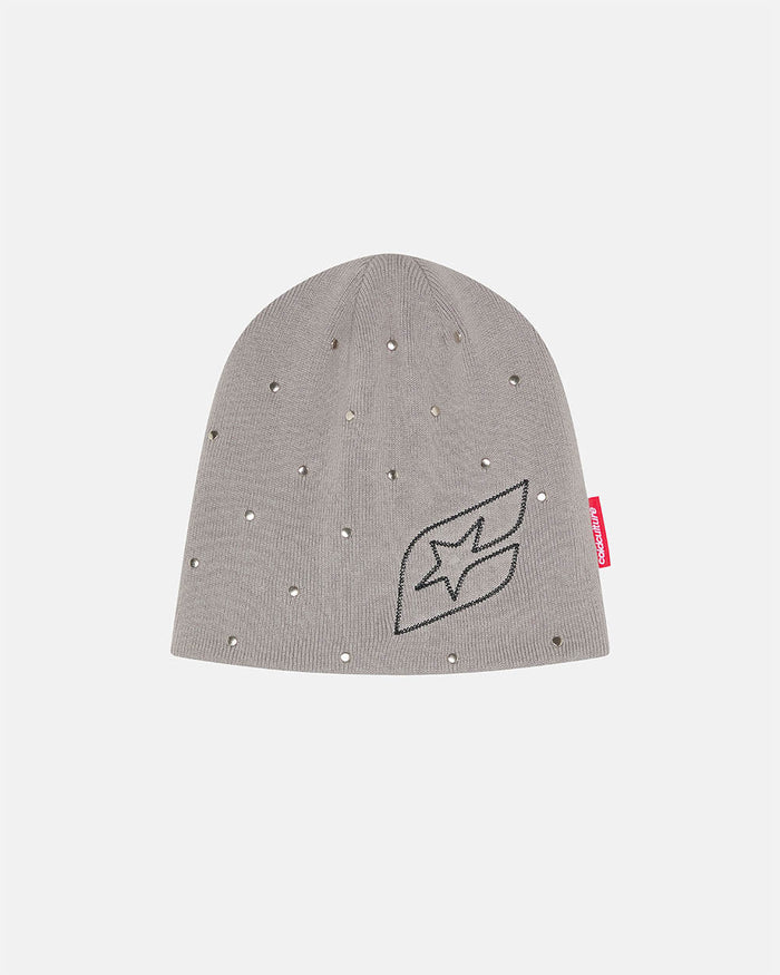 STUDS BEANIE GREY - grey studded beanie, front view - Cold Culture