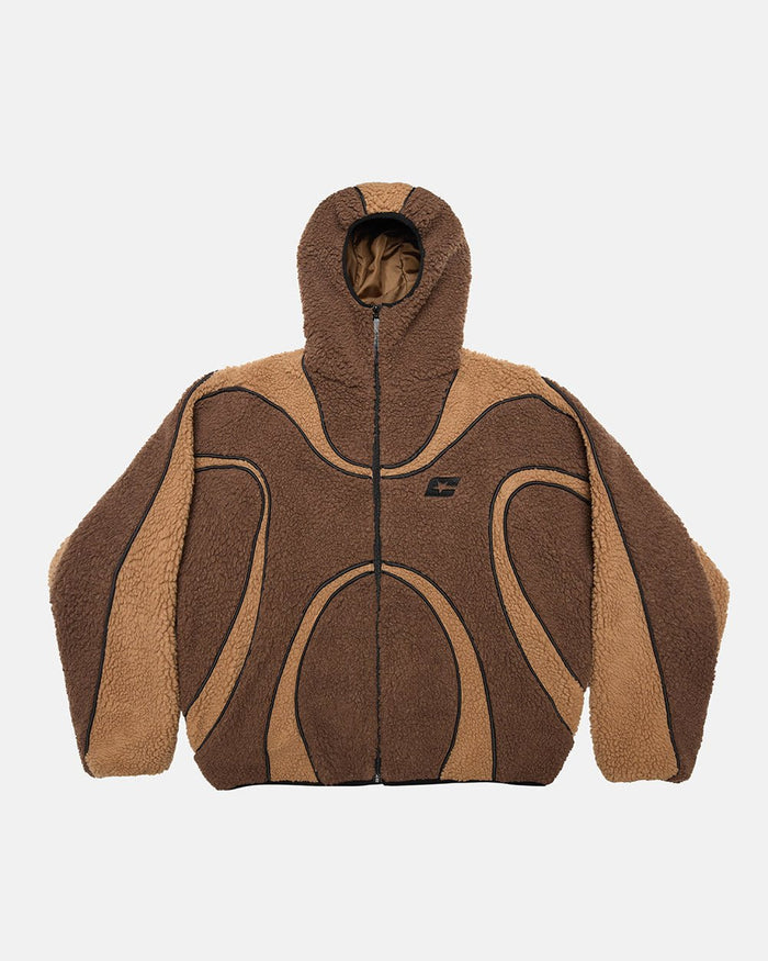TAKE OFF FLEECE BROWN - brown sherpa fleece hooded jacket, front view - Cold Culture