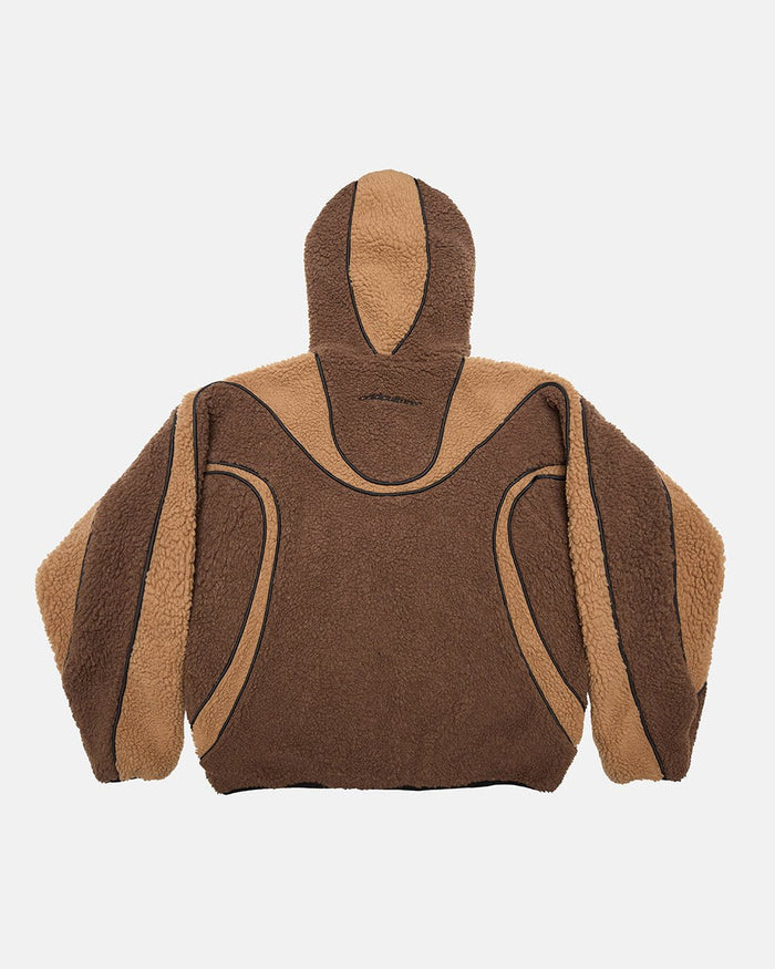 TAKE OFF FLEECE BROWN - brown sherpa fleece hooded jacket, back view - Cold Culture