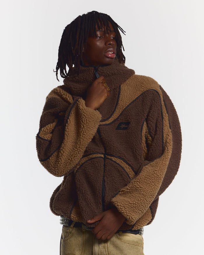 TAKE OFF FLEECE BROWN - brown sherpa fleece hooded jacket, front view on male model - Cold Culture #man