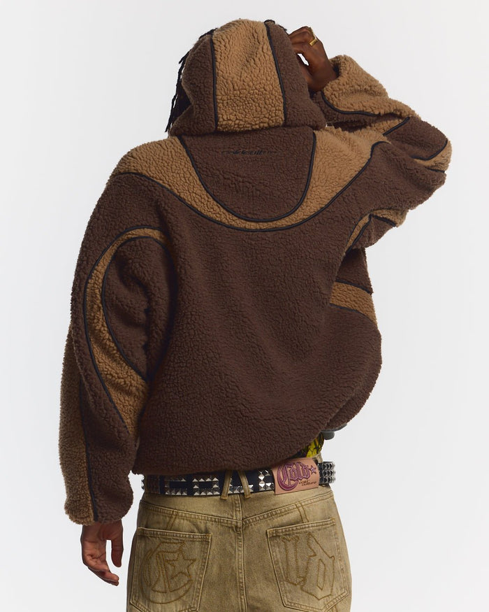 TAKE OFF FLEECE BROWN - brown sherpa fleece hooded jacket, back view on male model - Cold Culture #man