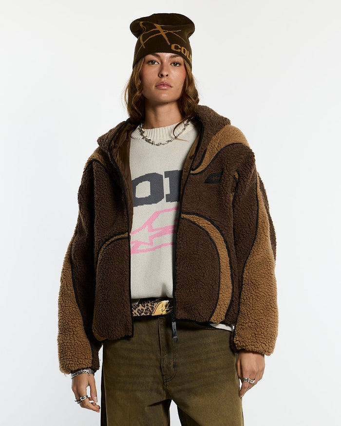 TAKE OFF FLEECE BROWN - brown sherpa fleece hooded jacket, front view on female model - Cold Culture #woman