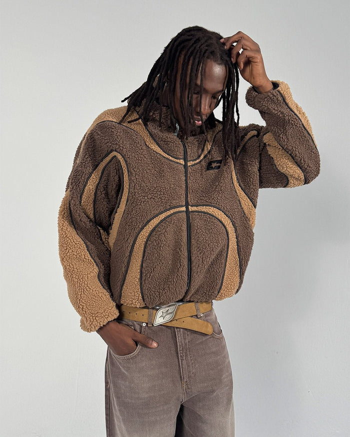 TAKE OFF FLEECE BROWN - brown sherpa fleece hooded jacket, front view on male model - Cold Culture