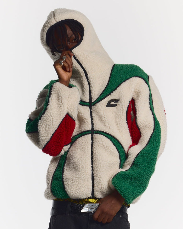 TAKE OFF FLEECE ITALY - cream green and red fleece jacket, front view on male model - Cold Culture #man
