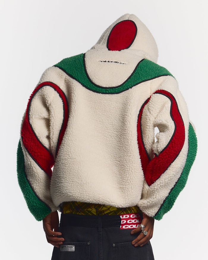TAKE OFF FLEECE ITALY - cream green and red fleece jacket, back view on male model - Cold Culture #man
