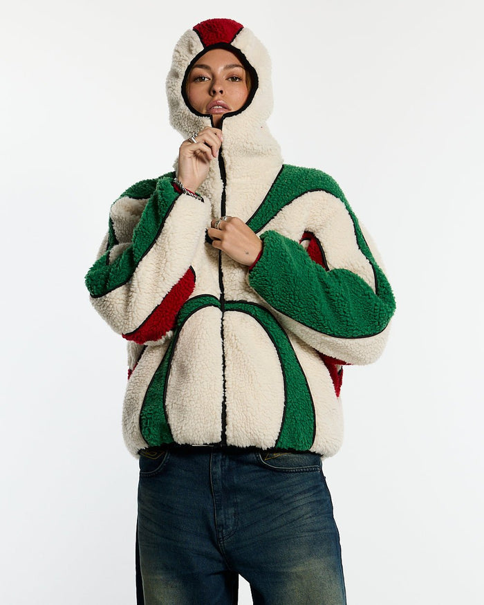 TAKE OFF FLEECE ITALY - cream green and red fleece jacket, front view on female model - Cold Culture #woman