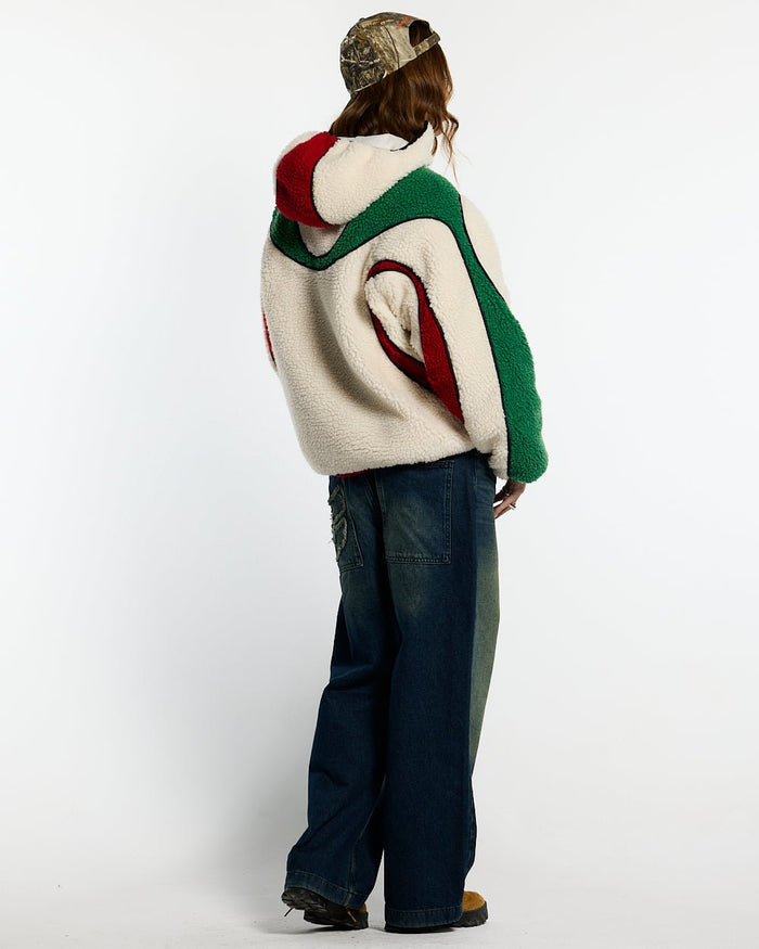 TAKE OFF FLEECE ITALY - cream green and red fleece jacket, back view on female model - Cold Culture #woman