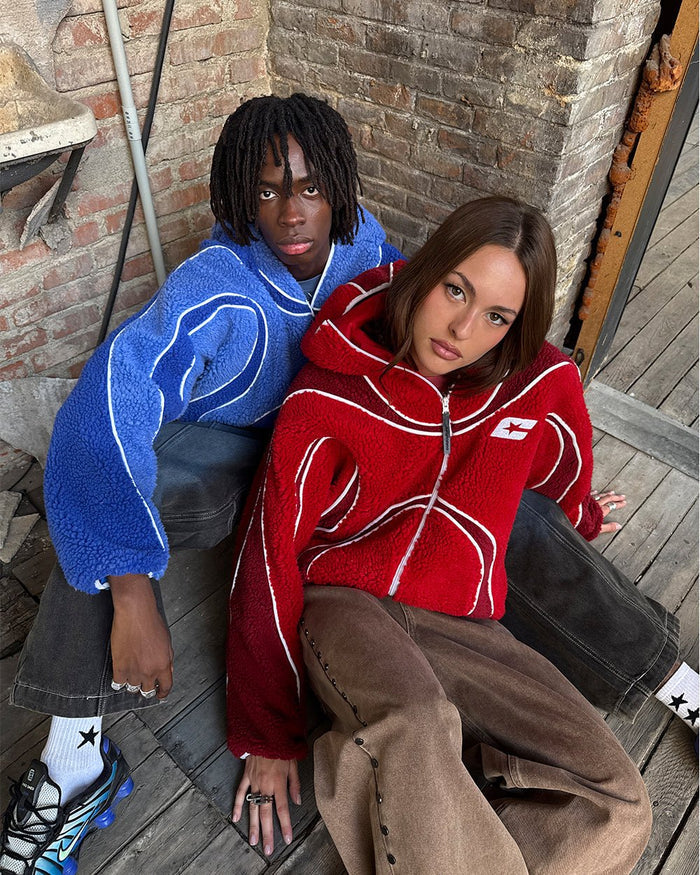 TAKE OFF FLEECE RED - red sherpa fleece hooded jacket, street style shot - Cold Culture