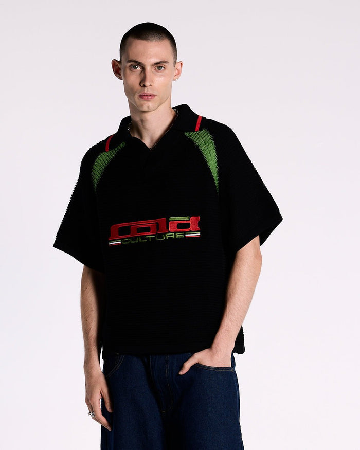 TUSCANY KNIT BLACK - black knitted polo shirt, front view on male model - Cold Culture #man