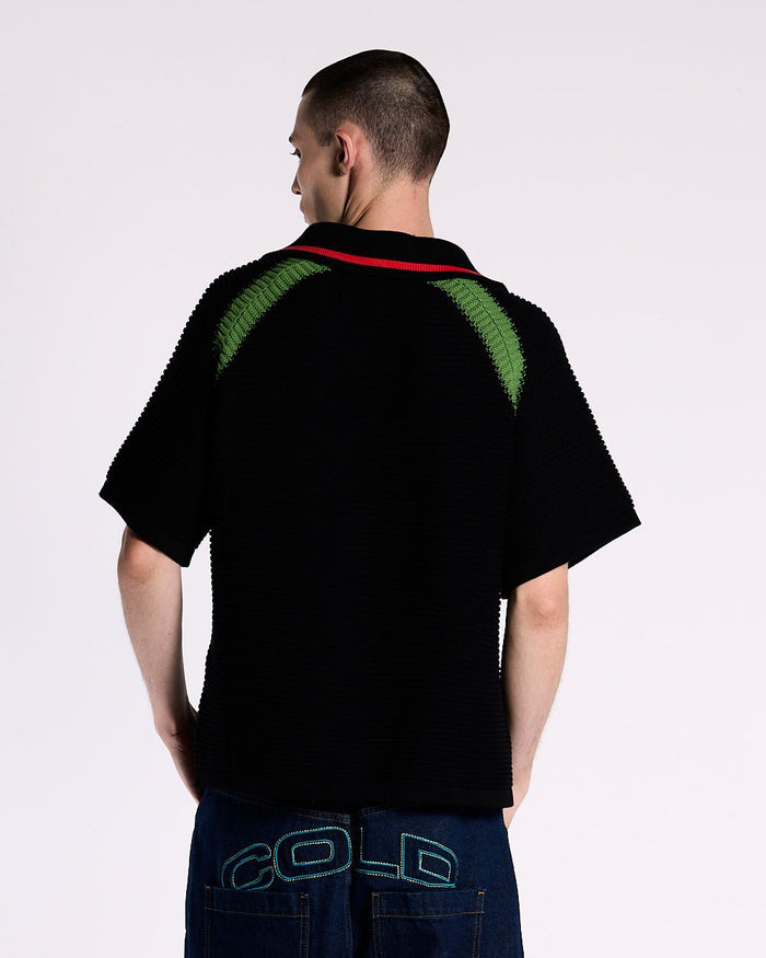 TUSCANY KNIT BLACK - black knitted polo shirt, back view on male model - Cold Culture #man