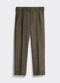 Khaki Percival twin pleated linen trousers with a tailored silhouette and front pleat details, on a light background.