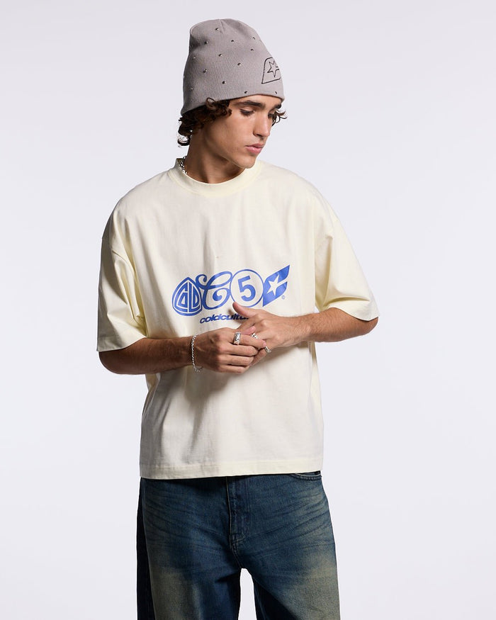 URBAN LEGACY TEE CREAM - cream graphic print tee, front view on male model - Cold Culture #man