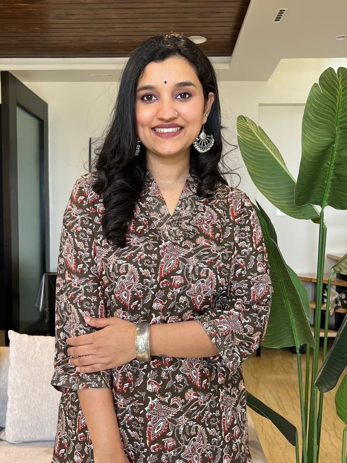 V Neck Cotton Kurta- Olive Green Florals