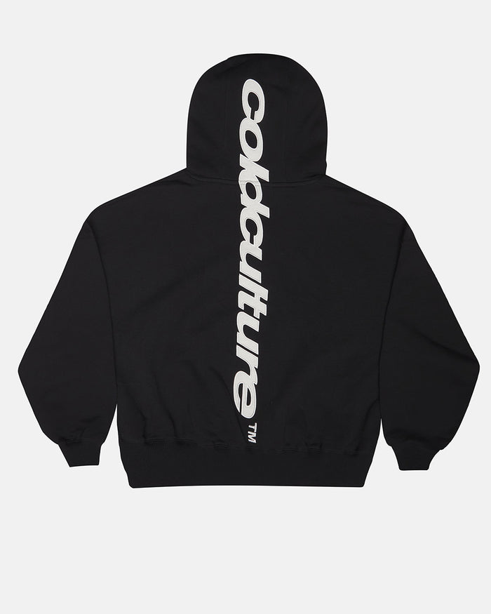 VERTICAL HOODIE BLACK - black vertical logo hoodie, back view - Cold Culture