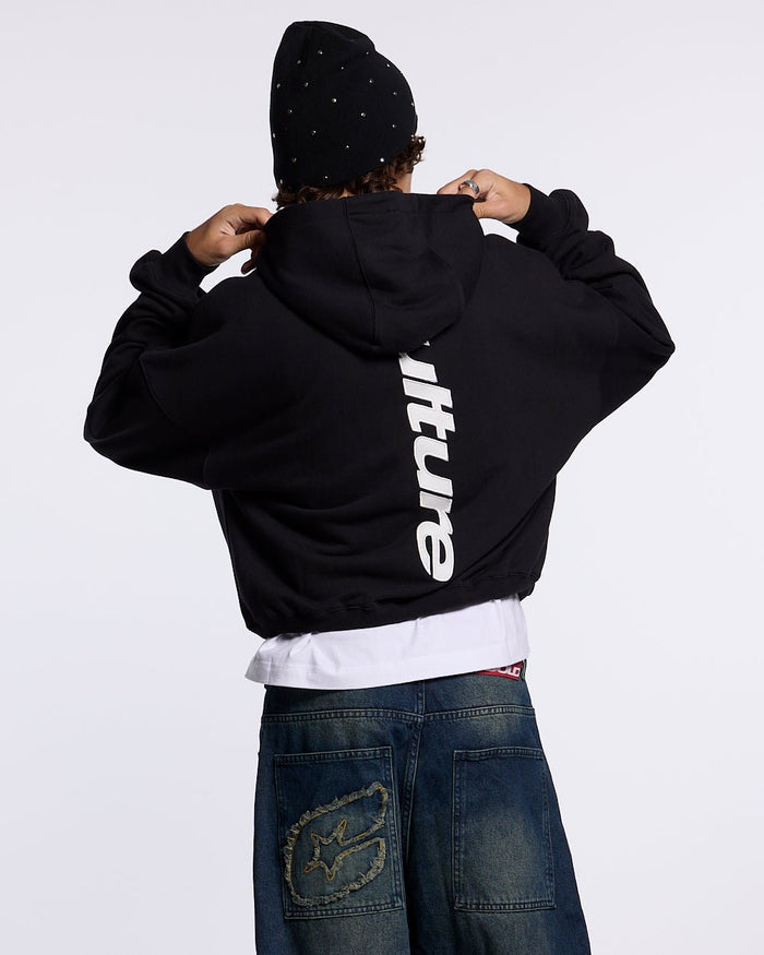 VERTICAL HOODIE BLACK - black vertical logo hoodie, back view on male model - Cold Culture #man