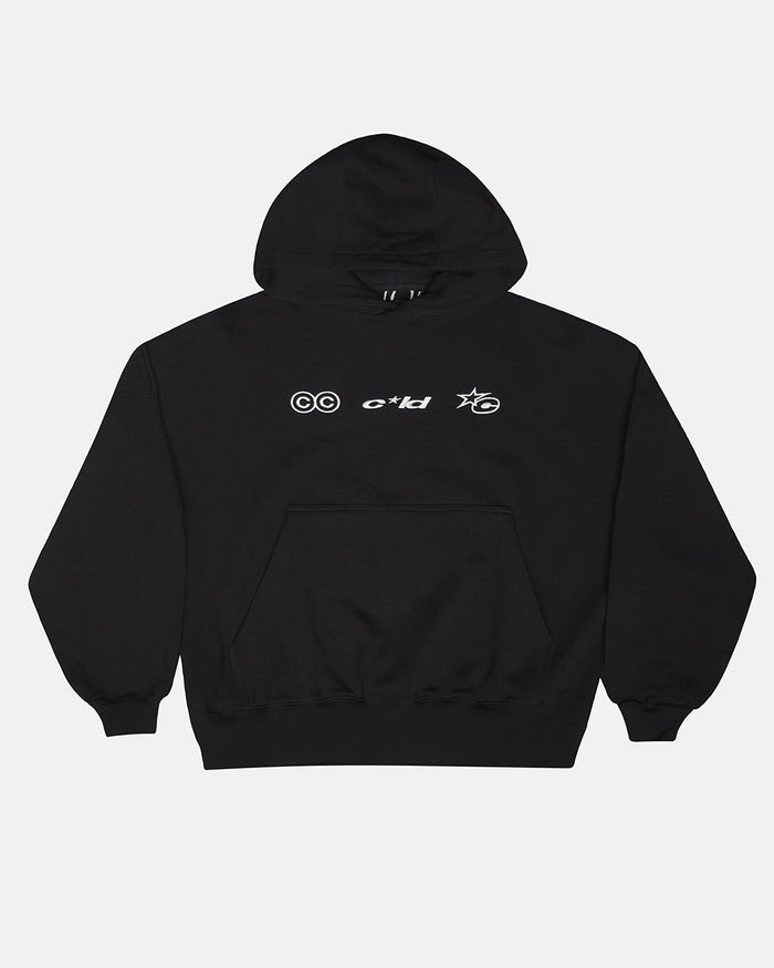 VERTICAL HOODIE BLACK - black vertical logo hoodie, front view - Cold Culture
