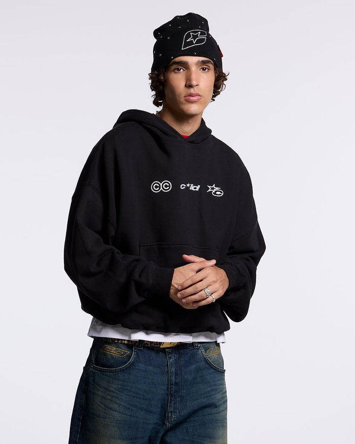 VERTICAL HOODIE BLACK - black vertical logo hoodie, front view on male model - Cold Culture #man