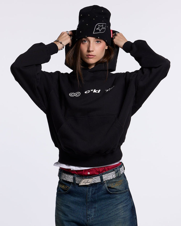 VERTICAL HOODIE BLACK - black vertical logo hoodie, front view on female model - Cold Culture #woman