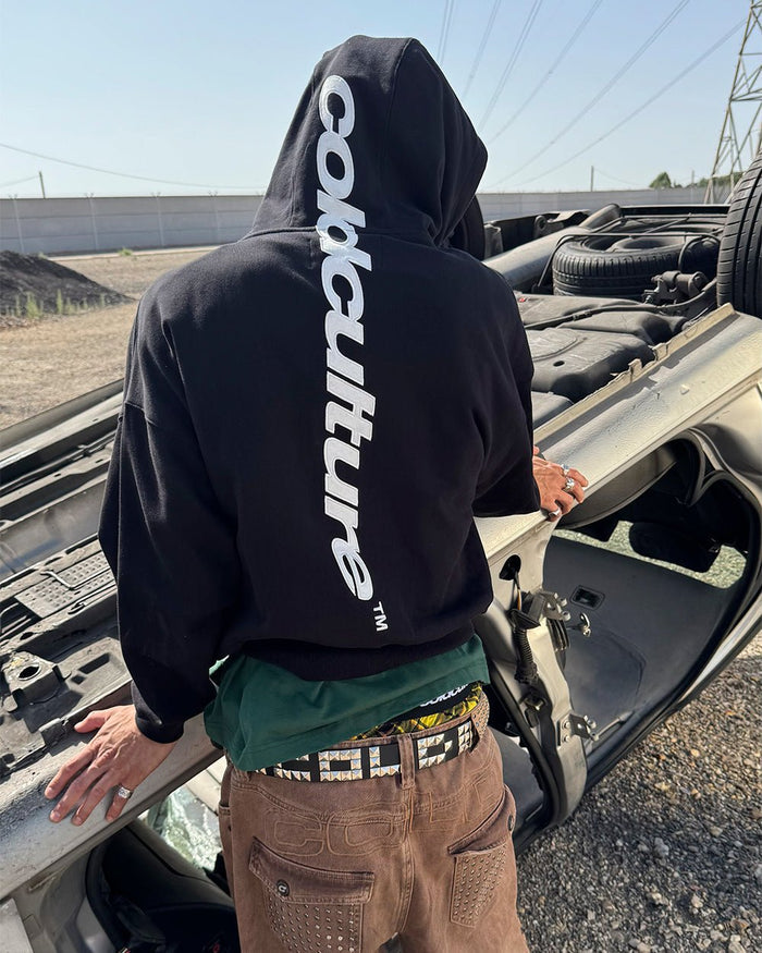 VERTICAL HOODIE BLACK - black vertical logo hoodie, street style shot - Cold Culture