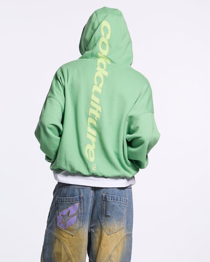 VERTICAL HOODIE GREEN - green vertical logo hoodie, back view on male model - Cold Culture #man