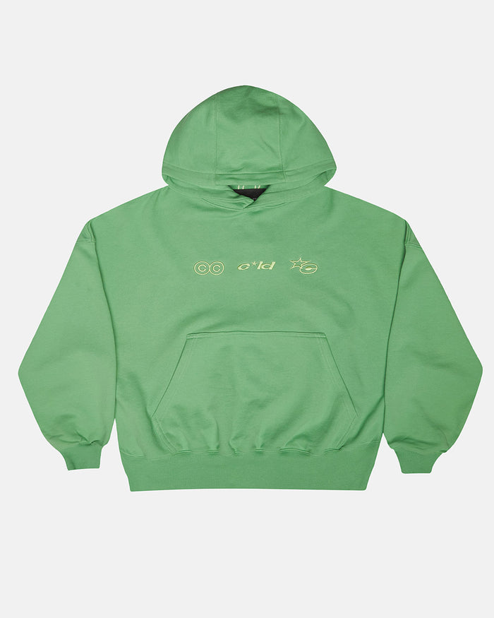VERTICAL HOODIE GREEN - green vertical logo hoodie, front view - Cold Culture