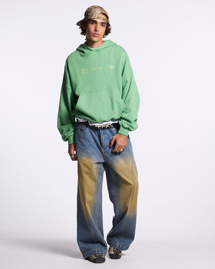 VERTICAL HOODIE GREEN - green vertical logo hoodie, front view on male model - Cold Culture #man
