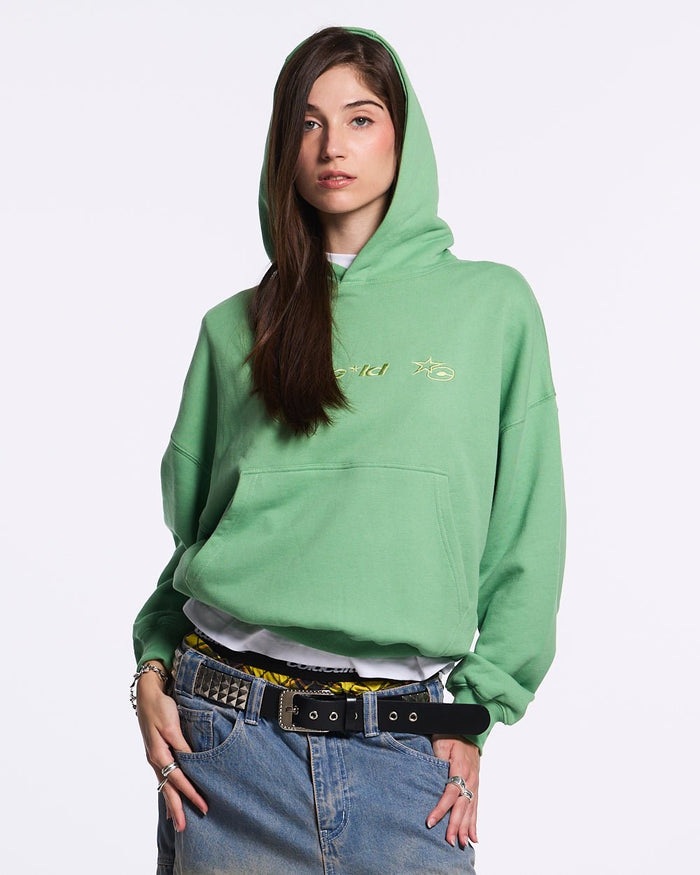 VERTICAL HOODIE GREEN - green vertical logo hoodie, front view on female model - Cold Culture #woman