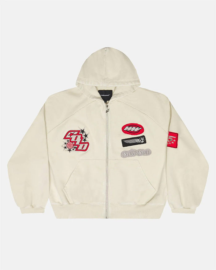 WALKER ZIP HOODIE LIGHT GREY - cream zip-up hoodie with patches, front view - Cold Culture