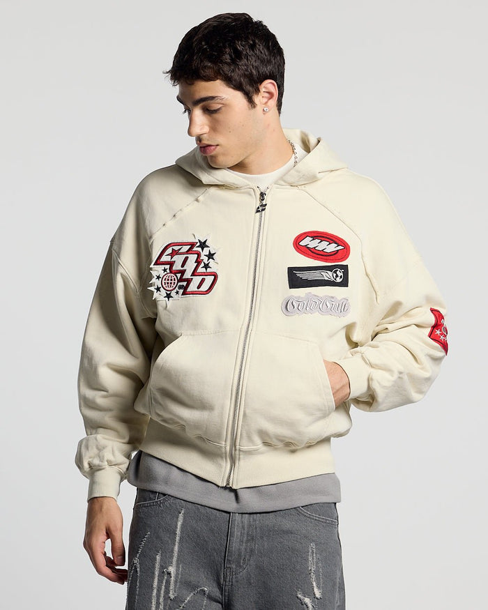 WALKER ZIP HOODIE LIGHT GREY - cream zip-up hoodie with patches, front view on male model - Cold Culture #man