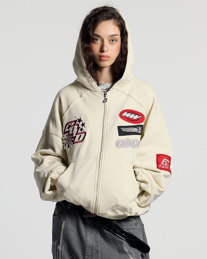 WALKER ZIP HOODIE LIGHT GREY - cream zip-up hoodie with patches, front view on female model - Cold Culture #woman