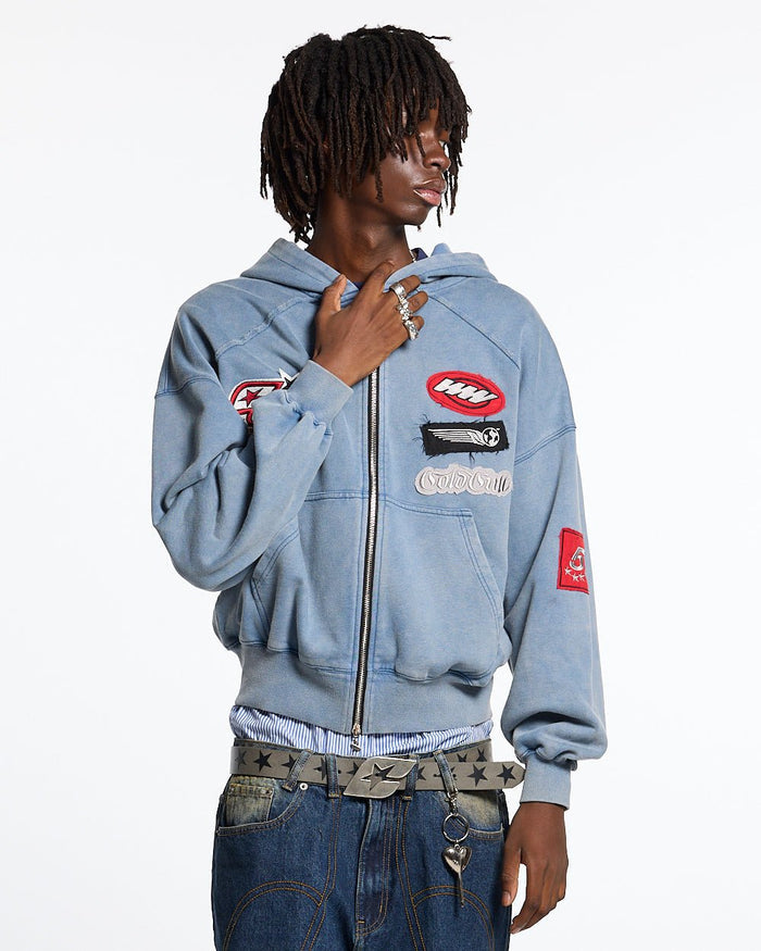 WALKER ZIP HOODIE WASHED INDIGO - washed indigo zip-up hoodie, front view on male model - Cold Culture #man