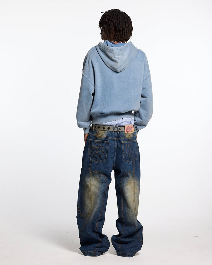 WALKER ZIP HOODIE WASHED INDIGO - washed indigo zip-up hoodie, back view on male model - Cold Culture #man