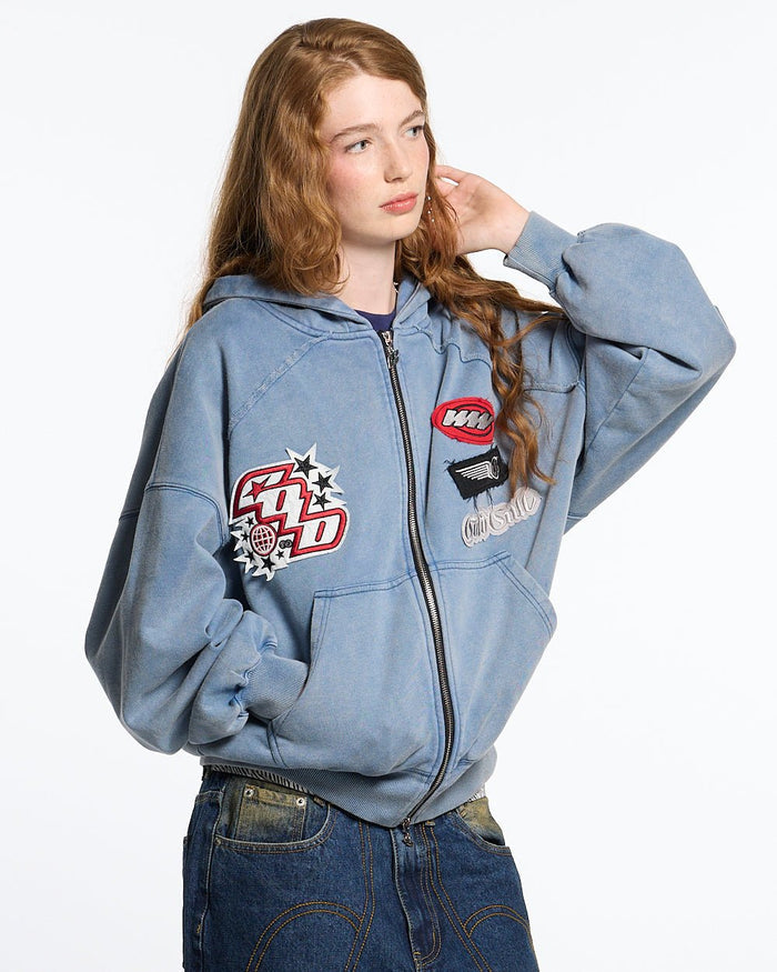 WALKER ZIP HOODIE WASHED INDIGO - washed indigo zip-up hoodie, front view on female model - Cold Culture #woman