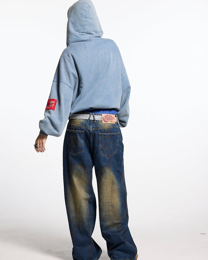 WALKER ZIP HOODIE WASHED INDIGO - washed indigo zip-up hoodie, back view on female model - Cold Culture #woman