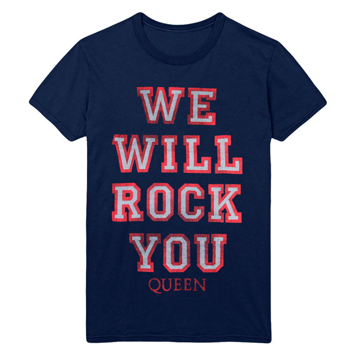 Navy blue t-shirt by Queen featuring bold red and white varsity-style WE WILL ROCK YOU text and smaller red QUEEN text below.