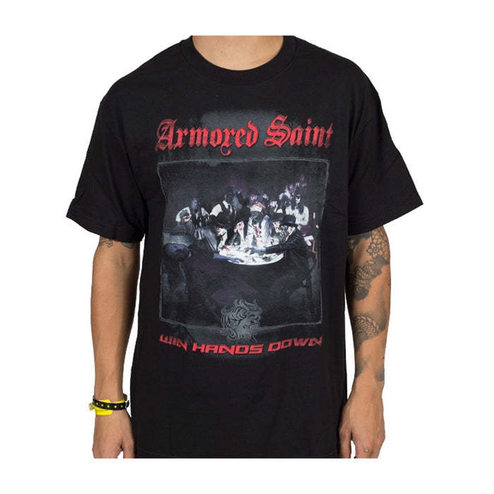 A person wears a black Armored Saint t-shirt with group artwork at the center, bold red Armored Saint text on top, and Win Hands Down in red at the bottom.