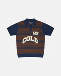 WINNERS V5 POLO BROWN AND BLUE - brown and blue striped knitted polo, front view - Cold Culture