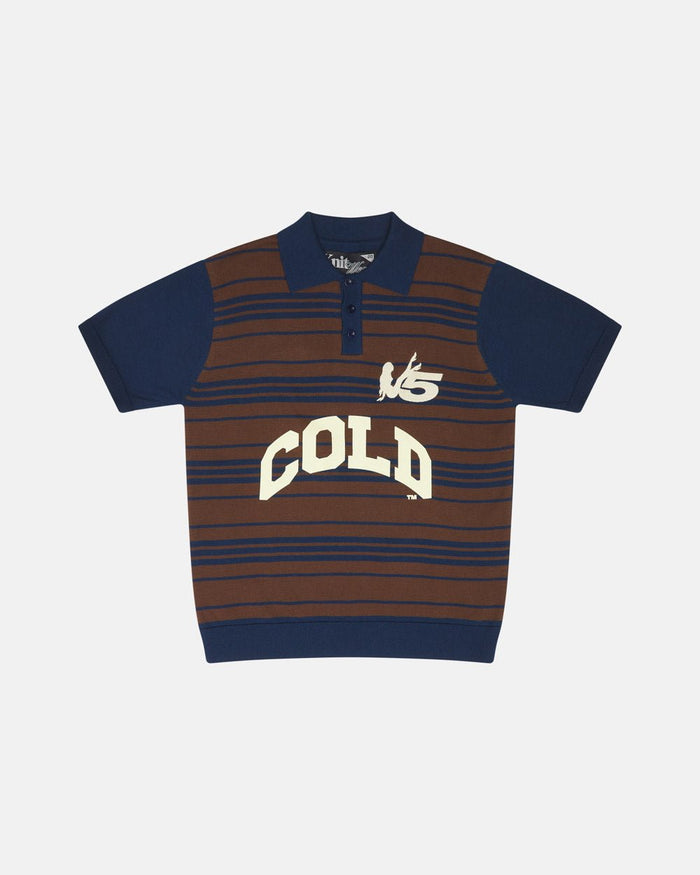 WINNERS V5 POLO BROWN AND BLUE - brown and blue striped knitted polo, front view - Cold Culture