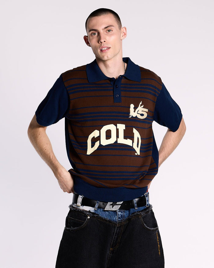 WINNERS V5 POLO BROWN AND BLUE - brown and blue striped knitted polo, front view on male model - Cold Culture #man