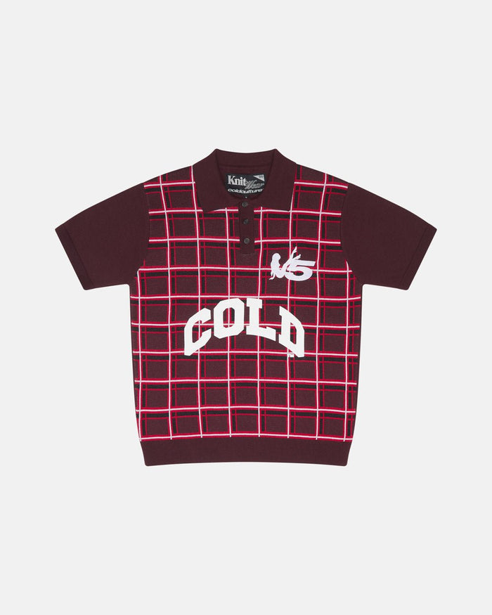 WINNERS V5 POLO RED TARTAN - red tartan knitted polo, front view - Cold Culture