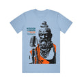 Light blue unisex Bella + Canvas T-shirt in soft Airlume cotton features a sage with long beard, beads, and topknot at a vintage mic. Bold text: “Wisdom of the Sages: A Daily Yoga Podcast.” Brand: Wisdom of the Sages.