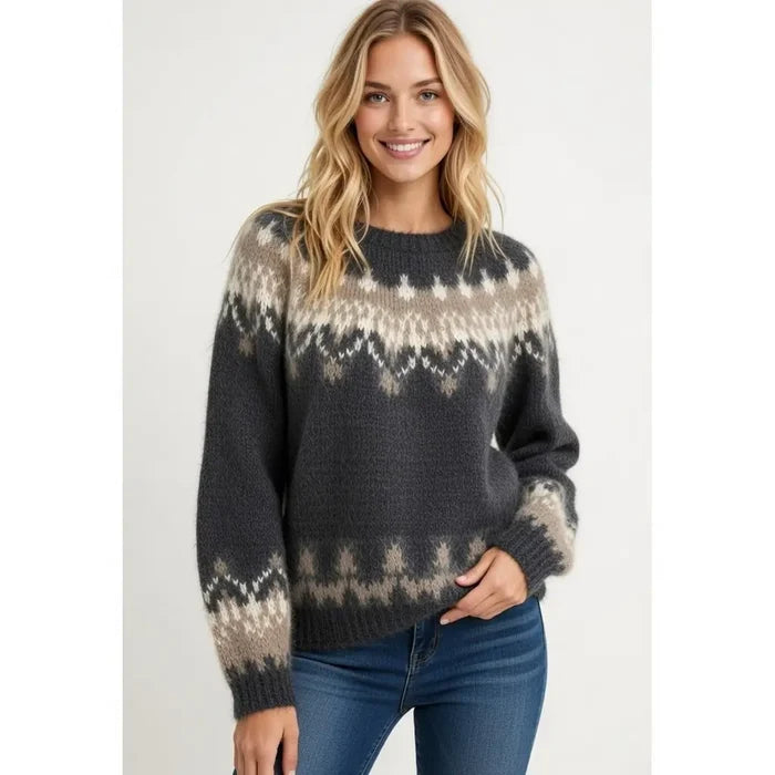 Women's Jacquard Sweater - Round Neck Knit Pullover Top