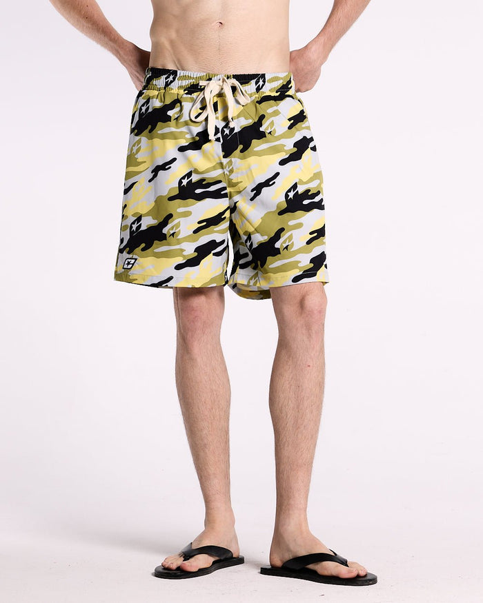 YELLOW CAMO SWIM SHORT - yellow camo swim shorts, front view on male model - Cold Culture