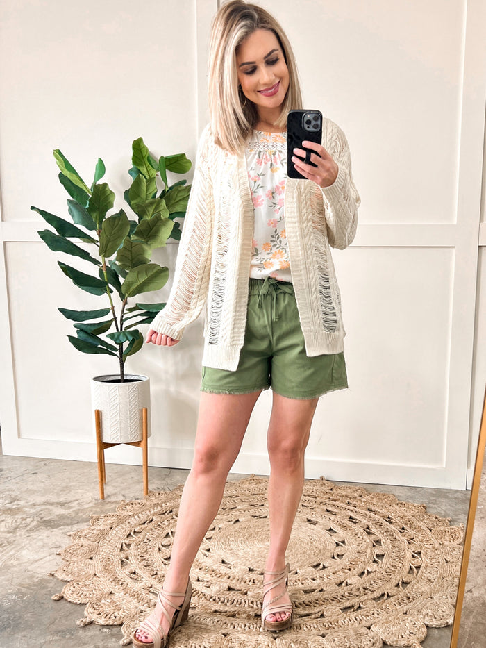 Zenana Summer Blend Lightweight Drawstring Shorts In Olive