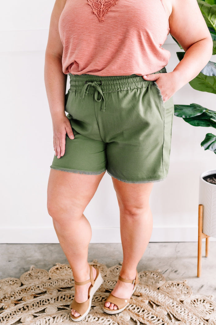 Zenana Summer Blend Lightweight Drawstring Shorts In Olive